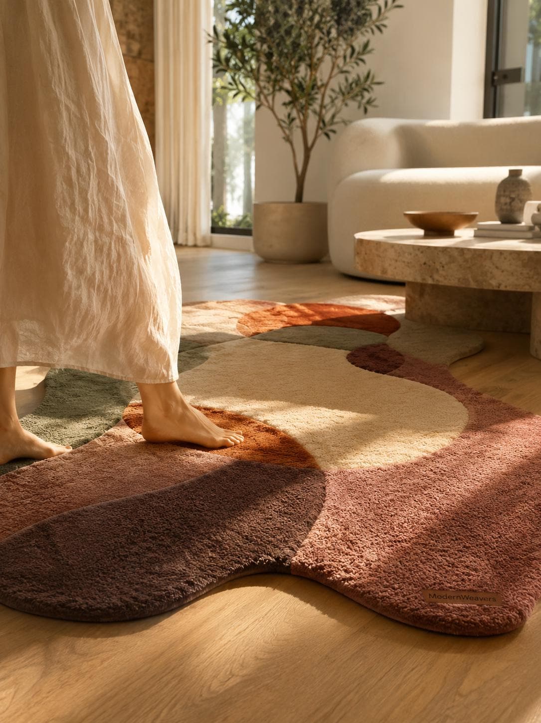 Abstract Organic Shape Tufted Rug | Wavy Edge Boho Carpet, Muted Earth Tones
