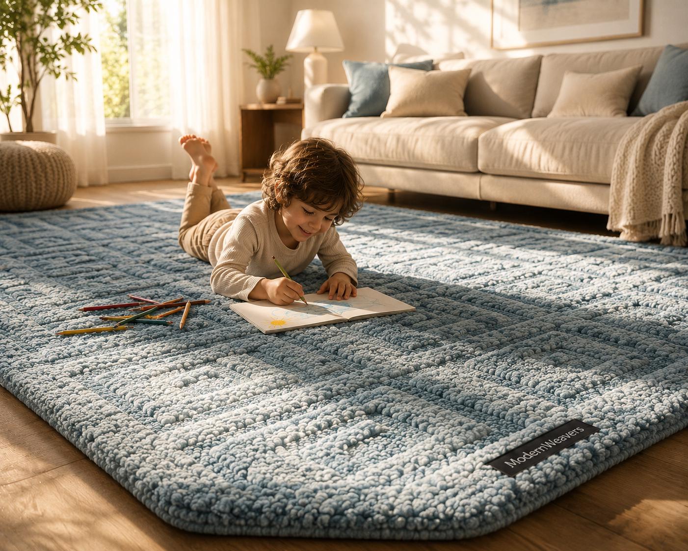 Cozy Pastel Blue Textured Hand-Tufted Rug | Minimalist Geometric Study Room Area Rug