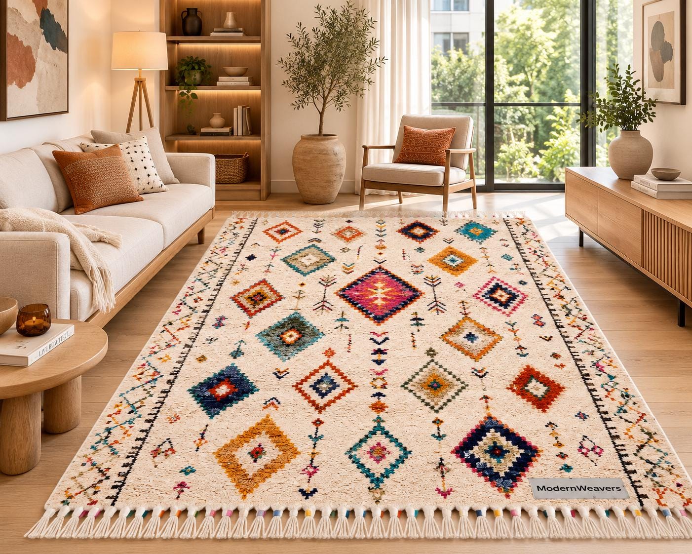 Hand-Knotted Moroccan Rug | Colorful Berber Shag Area Rug, Geometric Tribal Style