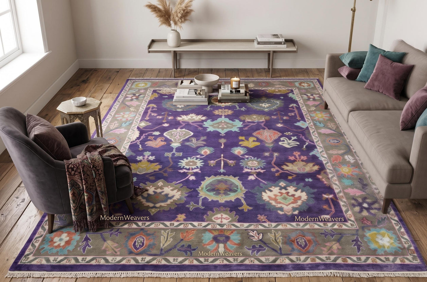 Hand-Knotted Wool Oushak Rug – Royal Purple Floral Traditional Carpet 9x12