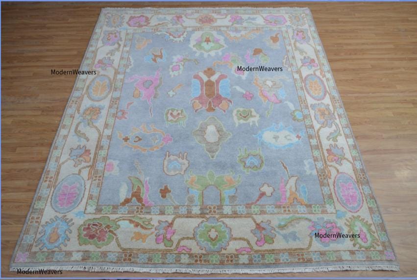 Hand-Knotted Wool Oriental Floral Rug – Soft Blue Pastel Accents, 8x10 Area Carpet