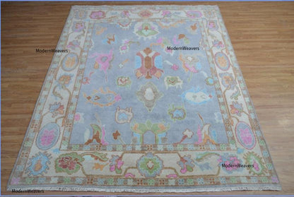 Hand-Knotted Wool Oriental Floral Rug – Soft Blue Pastel Accents, 8x10 Area Carpet