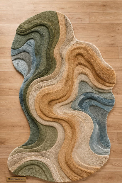 Organic Shape Hand Tufted Rug | 3D Topographic Wavy Design | Earth Tones Neutral Carved Carpet | Aesthetic Modern Abstract Area Rug
