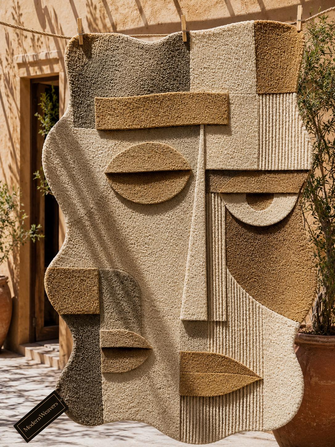 Abstract Face Hand Tufted Rug | Cubist Portrait Area Carpet | Modern Minimalist Geometric Art | Textured Neutral Statement Floor Decor