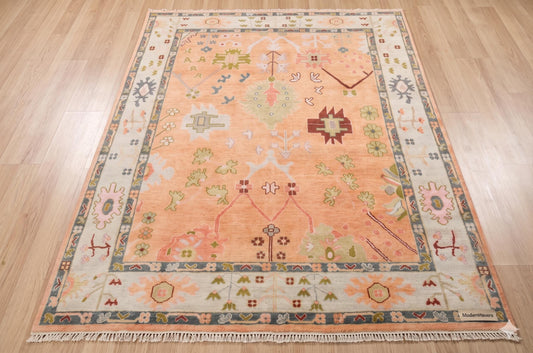 ModernWeavers Hand-Knotted Wool Area Rug | 8x10 Peach & Pastel Blue Tribal Oushak Style Carpet | Natural Wool Artisan Rug for Living Room