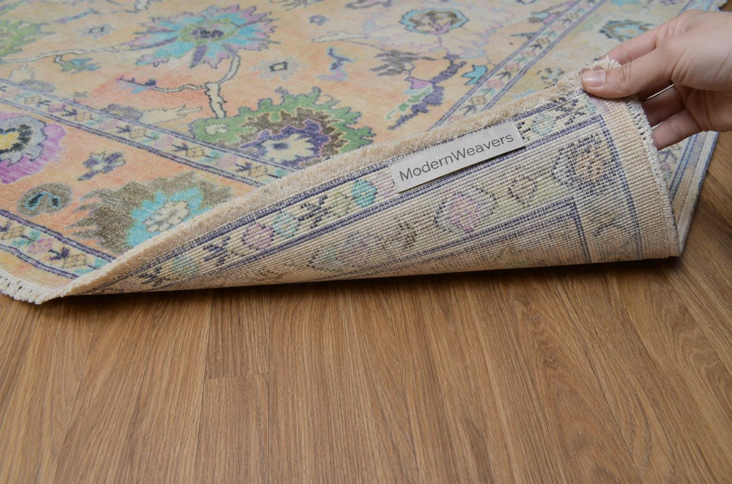 Pastel Peach Hand Knotted Rug | Large Floral Turkish Oushak Carpet | Muted Lavender and Green Accent Rug | Wool Area Rug