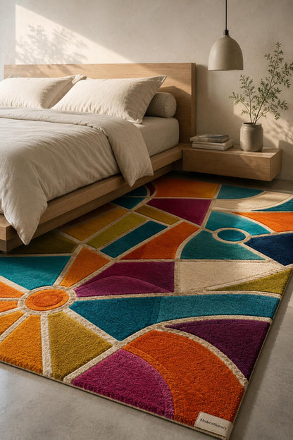 Cubist Abstract Geometric Area Rug | Hand-Tufted Stained-Glass Design | Bold Teal, Orange & Magenta Art Deco Accent Artisan Carved Carpet