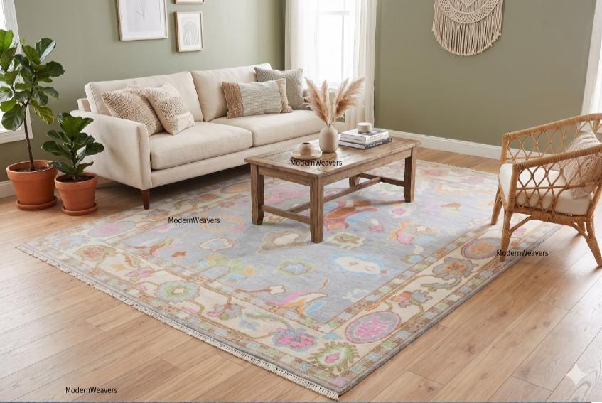 Hand-Knotted Wool Oriental Floral Rug – Soft Blue Pastel Accents, 8x10 Area Carpet