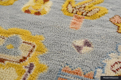 Hand Knotted Oushak Rug | Light Blue & Yellow Floral Geometric Area Rug | Muted Pastel Traditional Wool Carpet for Living Room, Bedroom