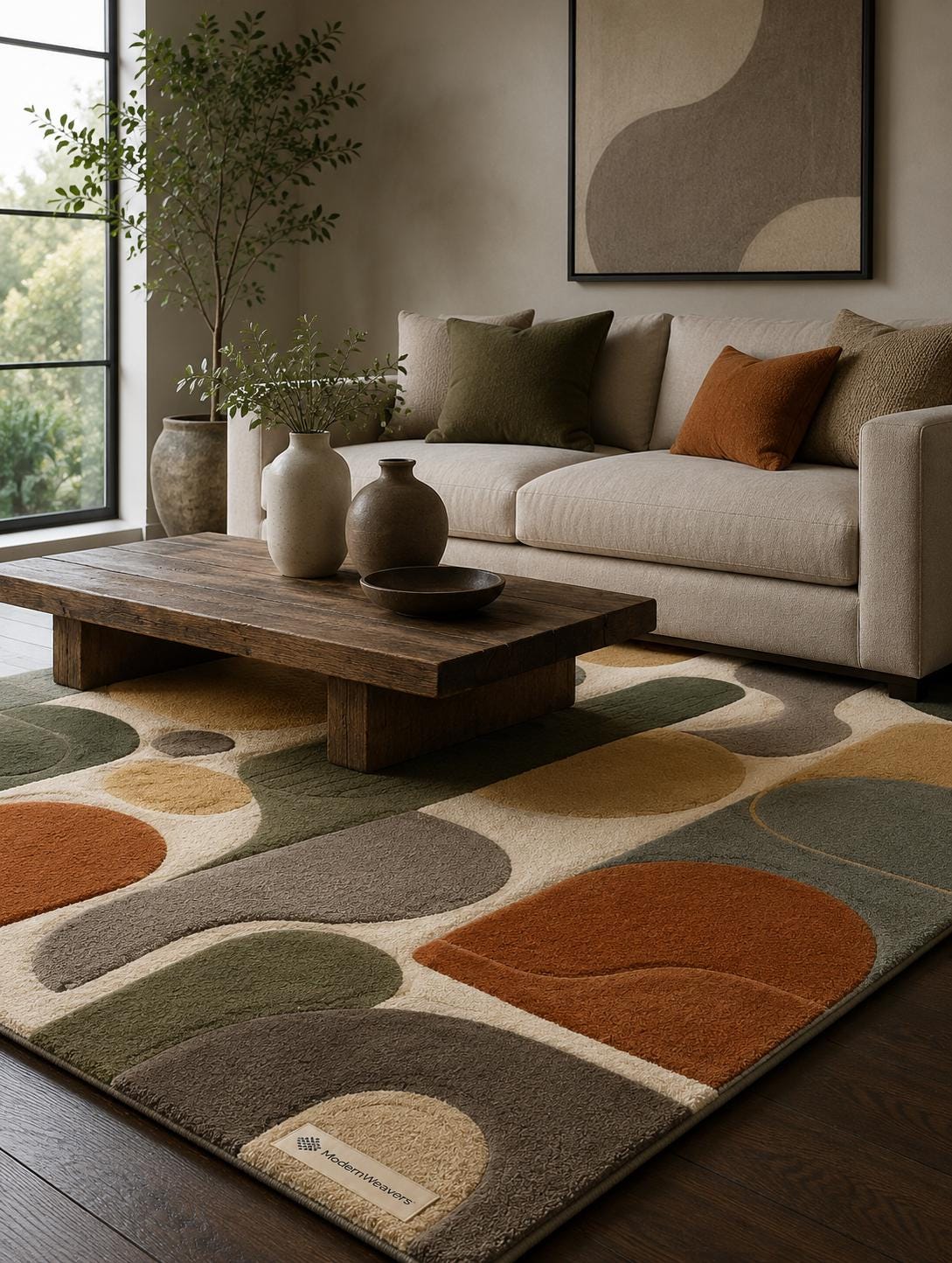 Mid-Century Modern Geometric Area Rug | Hand-Tufted Abstract Arch Design, Earth Tones Carpet