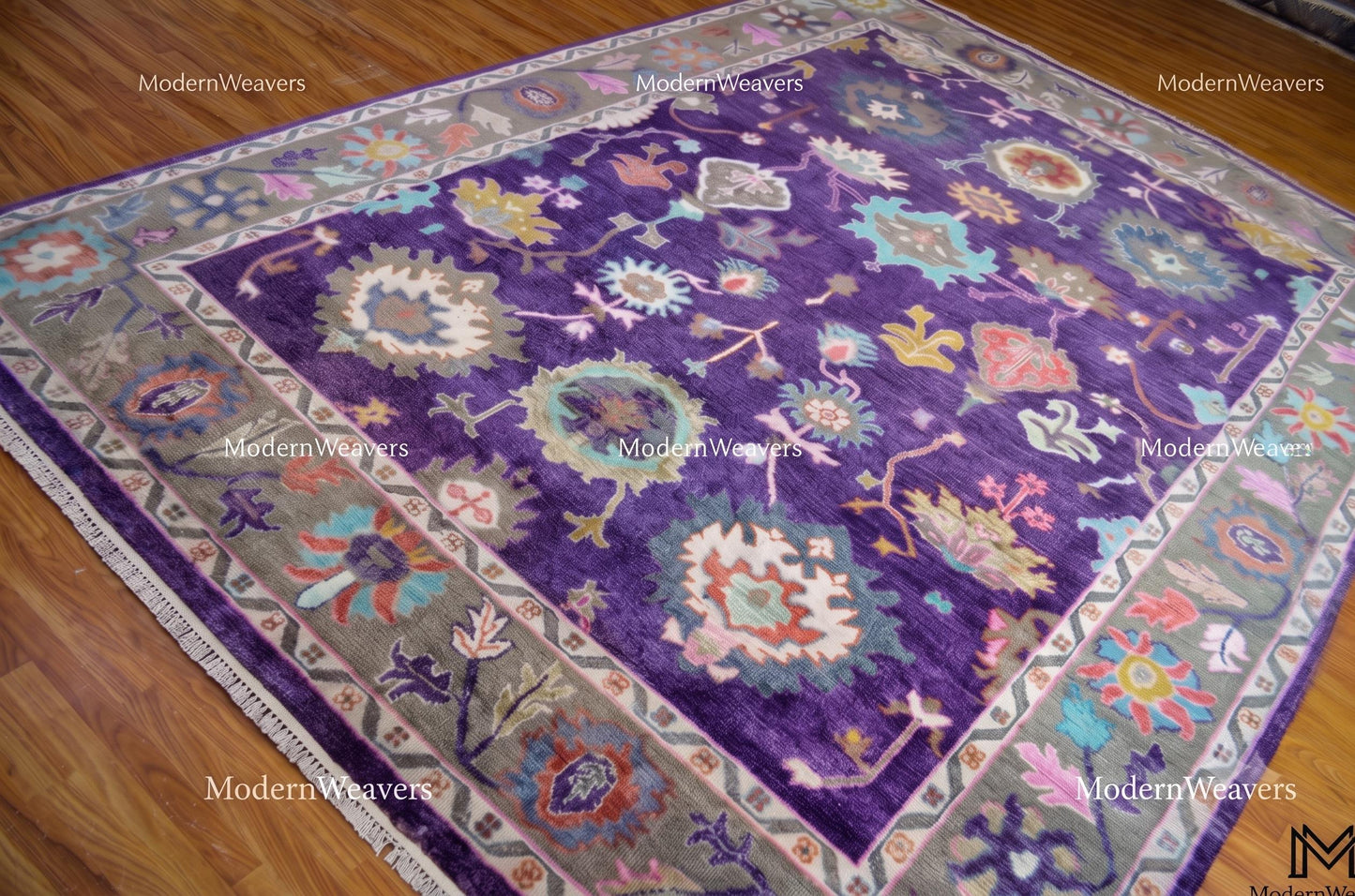 Hand-Knotted Wool Oushak Rug – Royal Purple Floral Traditional Carpet 9x12