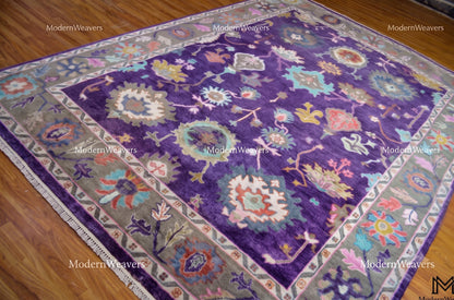 Hand-Knotted Wool Oushak Rug – Royal Purple Floral Traditional Carpet 9x12