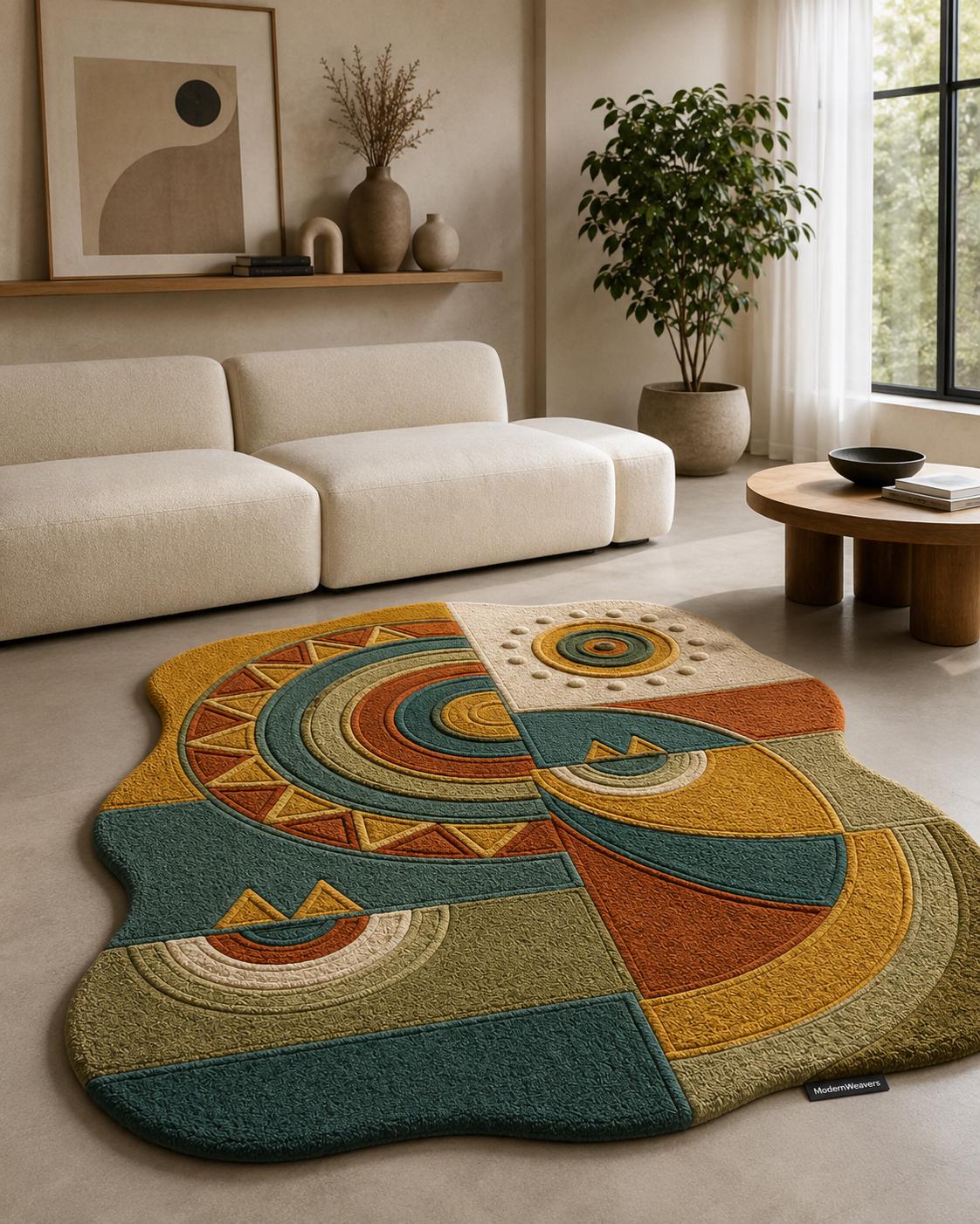 Celestial Boho Hand Tufted Rug | Tribal Geometric Statement Carpet | Earthy Sun & Moon Abstract Art | Unique Organic Shape Floor Decor
