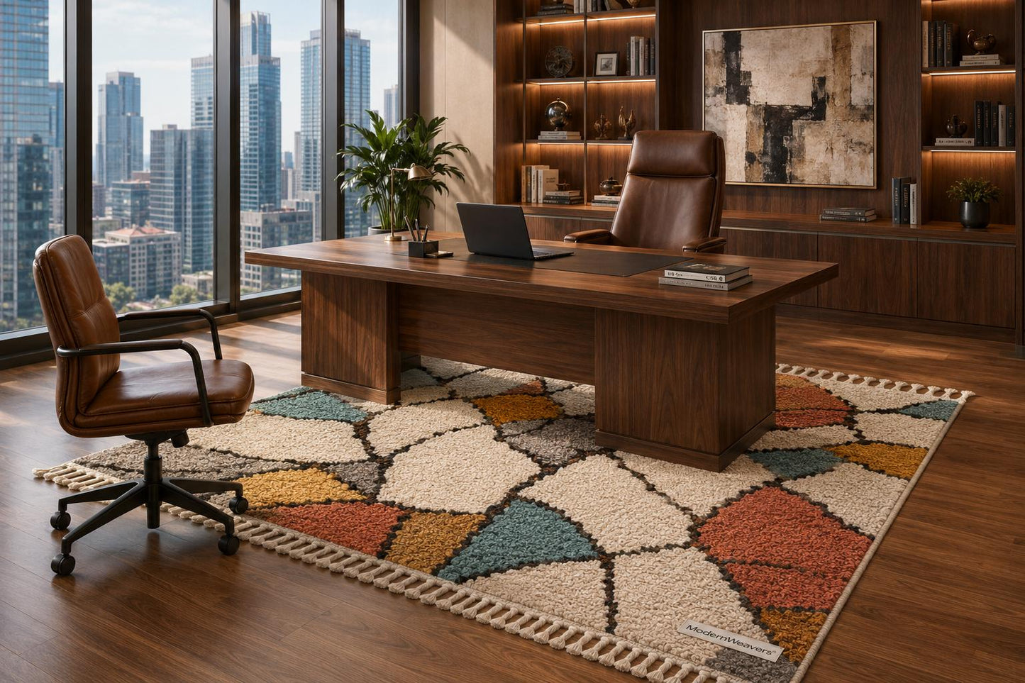 Abstract Moroccan Hand-Knotted Wool Rug | Stained-Glass Boho Carpet, Teal Rust Mustard