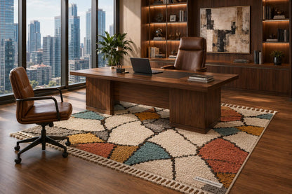 Abstract Moroccan Hand-Knotted Wool Rug | Stained-Glass Boho Carpet, Teal Rust Mustard