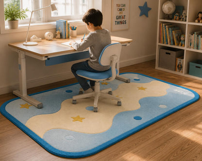 Hand Tufted Cloud Stars Nursery Rug | Pastel Blue Playroom Carpet, Kids Floor Art