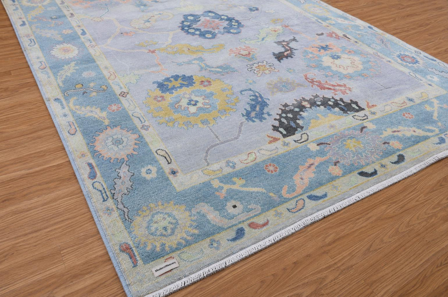 Hand-Knotted Oushak Style Rug | Pastel Blue Floral Wool Carpet 9'x12'