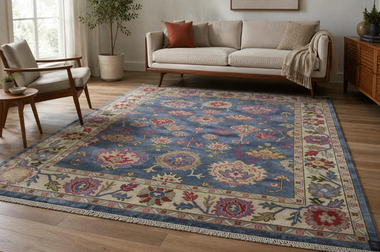 8x10 Hand Knotted Oushak Rug | Dusty Blue and Ivory Floral Wool Area Rug | Pastel Botanical Palmettes | Artisanal Carpet by ModernWeavers