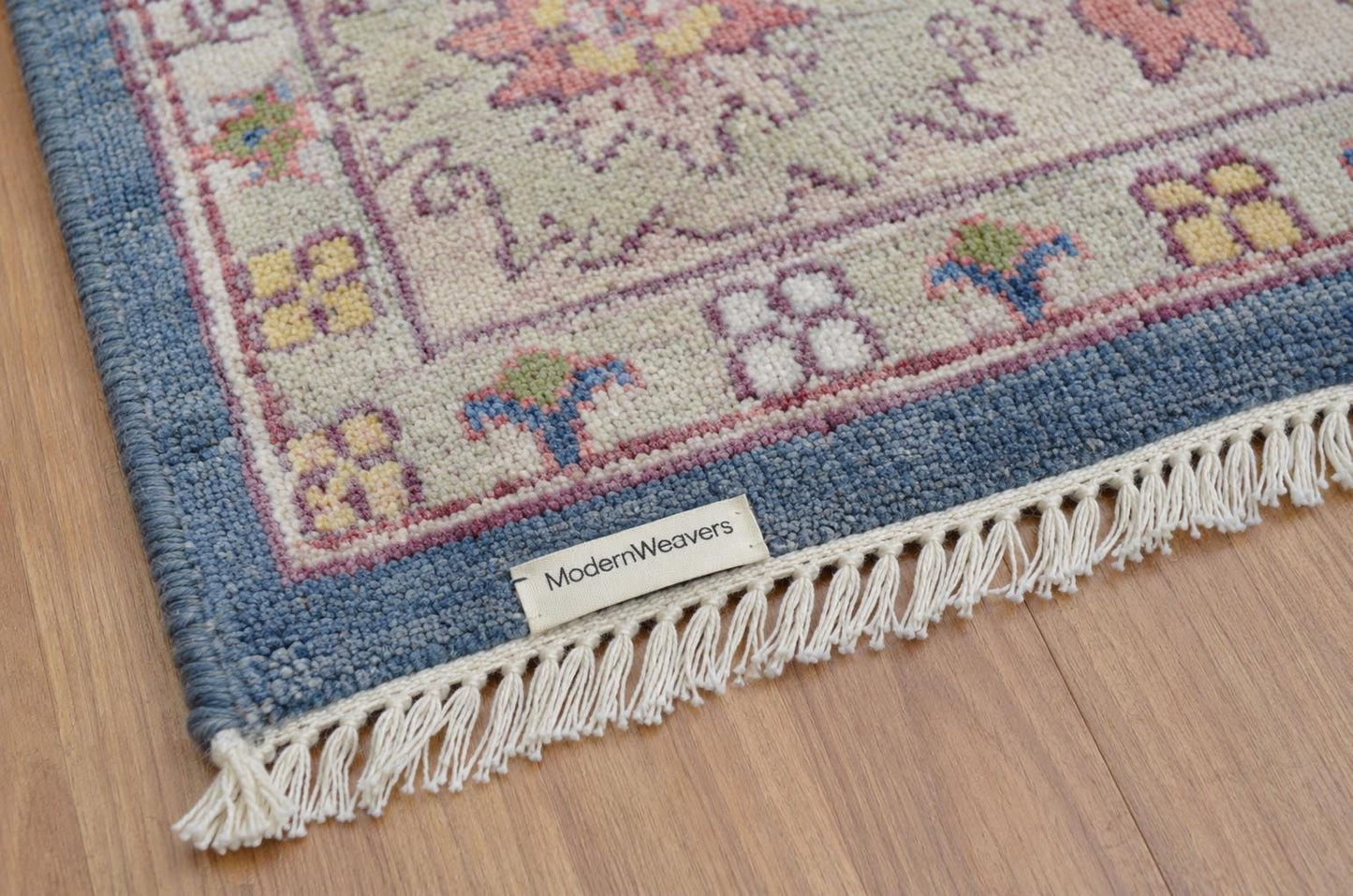 Blue Hand Knotted Rug 8x10, Transitional Turkish Style Area Rug with Pastel Motifs, Pastel Blue and Cream Aesthetic Bedroom Rug