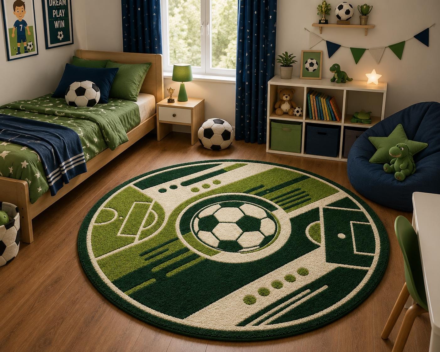 Round Soccer Ball Rug | 3D Carved Football Pitch Carpet, Kids Sports Room Decor