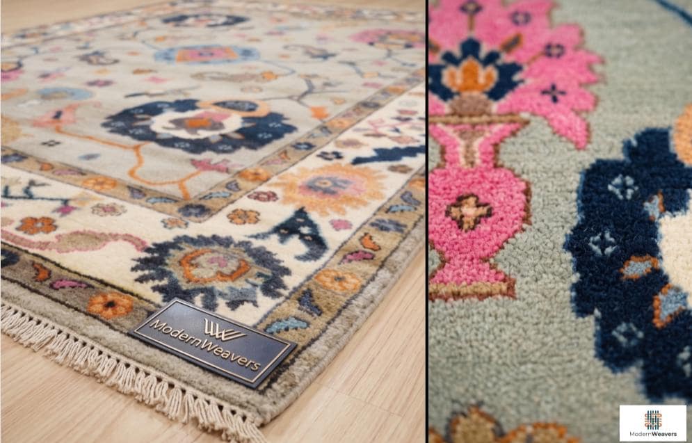 Hand-Knotted Oushak Rug | Light Grey, Pink & Navy Floral Area Rug | Modern Traditional Wool Rug for Living Room or Bedroom