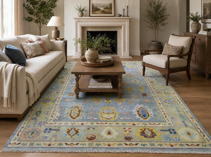 Hand Knotted Oushak Rug | Light Blue & Yellow Floral Geometric Area Rug | Muted Pastel Traditional Wool Carpet for Living Room, Bedroom