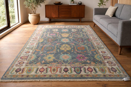 Hand-Knotted Slate Blue Area Rug | Vintage-Inspired Oushak Floral Motif | Cream & Pastel Accents | Boho Mid-Century Modern Living Room Rug