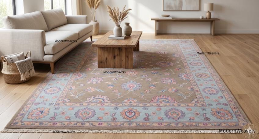 Handmade Transitional Oushak Rug | Earthy Brown with Pastel Palmettes | Luxury Hand-Knotted Wool Carpet