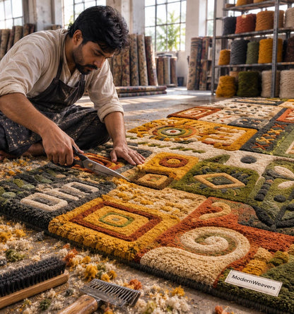 3D Carved Patchwork Rug | Earth Tone Folk Art Tufted Carpet | Boho Geometric Floor Art