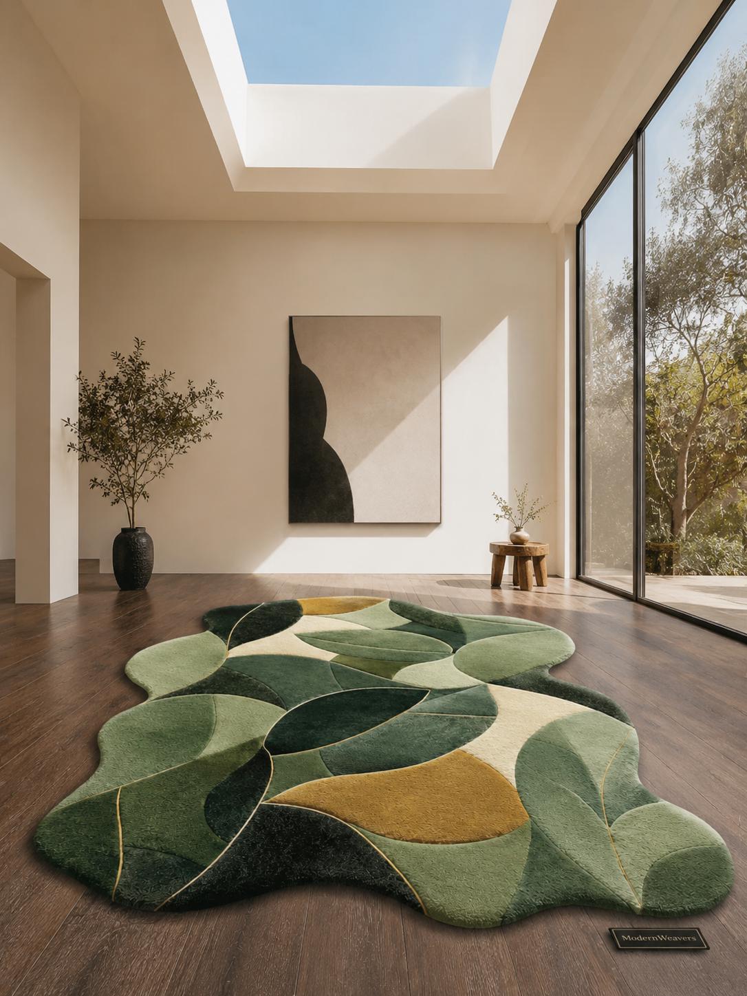 Botanical Leaves Hand Tufted Rug | Modern Abstract Foliage Carpet | Green & Earth Tone Organic Shape Area Rug | Luxury Leaf Pattern Decor