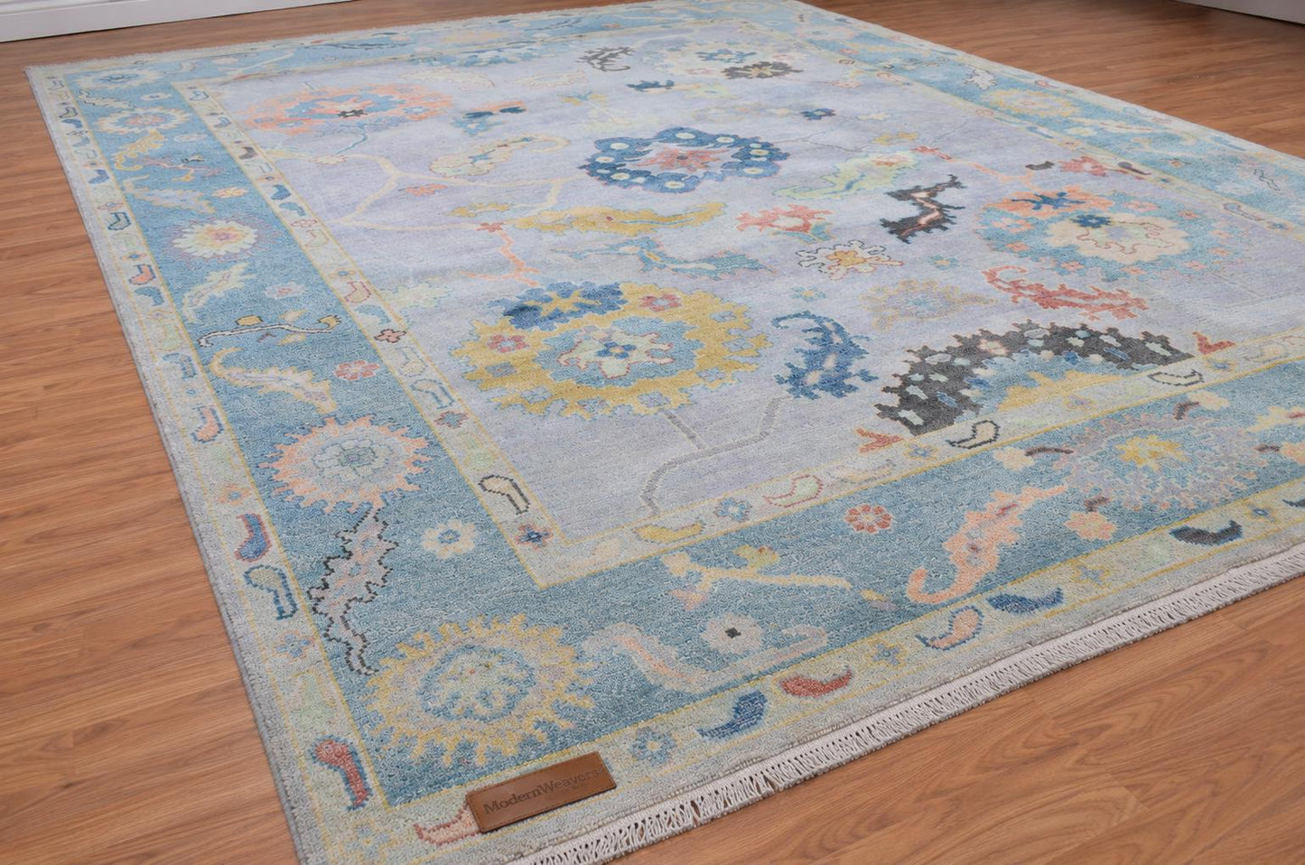 Hand-Knotted Oushak Style Rug | Pastel Blue Floral Wool Carpet 9'x12'