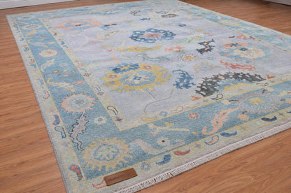 Hand-Knotted Oushak Style Rug | Pastel Blue Floral Wool Carpet 9'x12'
