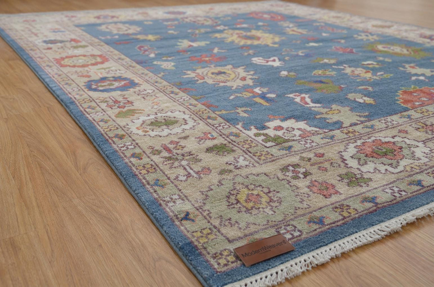 Blue Hand Knotted Rug 8x10, Transitional Turkish Style Area Rug with Pastel Motifs, Pastel Blue and Cream Aesthetic Bedroom Rug