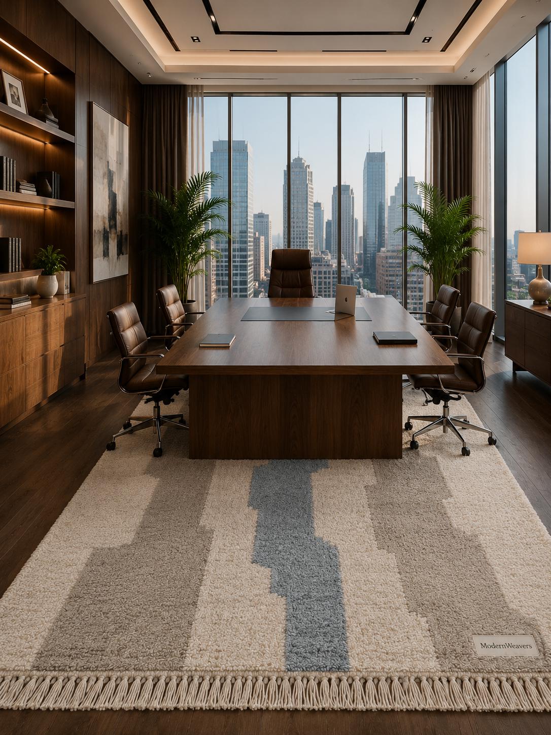 Modern Abstract Moroccan Rug | Cream, Taupe, Dusty Blue Geometric Wool Shag Carpet