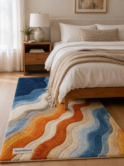 MidCentury Modern Retro Wavy Rug | Hand-Tufted Abstract Area Carpet | Contemporary Fluid Groovy Design Rug for Living Room, Bedroom & Studio