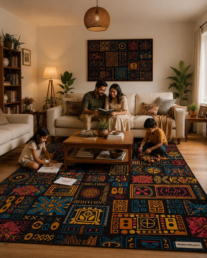 Maximalist Boho Tufted Rug | Vibrant Geometric Patchwork Carpet | Tribal Mosaic Floor Art | Jewel Tone Eclectic Decor | Dark Academia Room