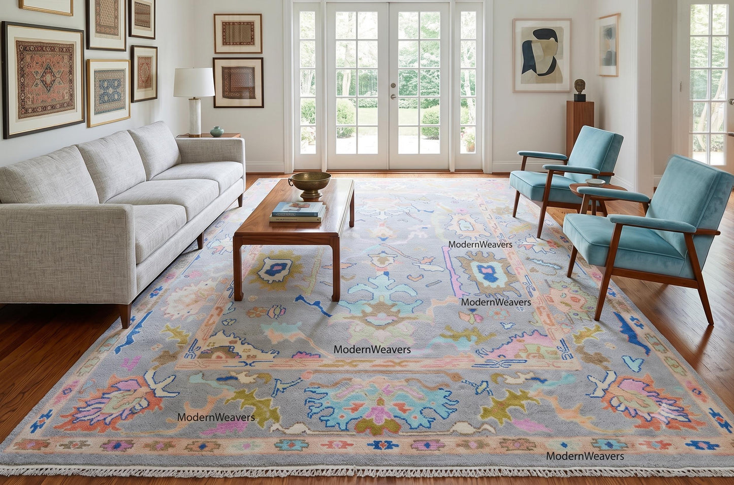 Hand Knotted Wool Rug, 8x10 Pastel Oushak Carpet, Gray Mint Green Living Room Rug