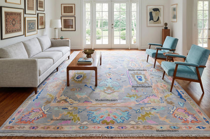 Hand Knotted Wool Rug, 8x10 Pastel Oushak Carpet, Gray Mint Green Living Room Rug