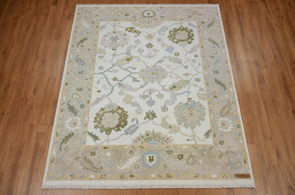 Elegant Hand-Knotted Ivory Area Rug | Soft Floral Vine Motif in Sage Green & Muted Blue | Premium Carpet for Living Room or Bedroom