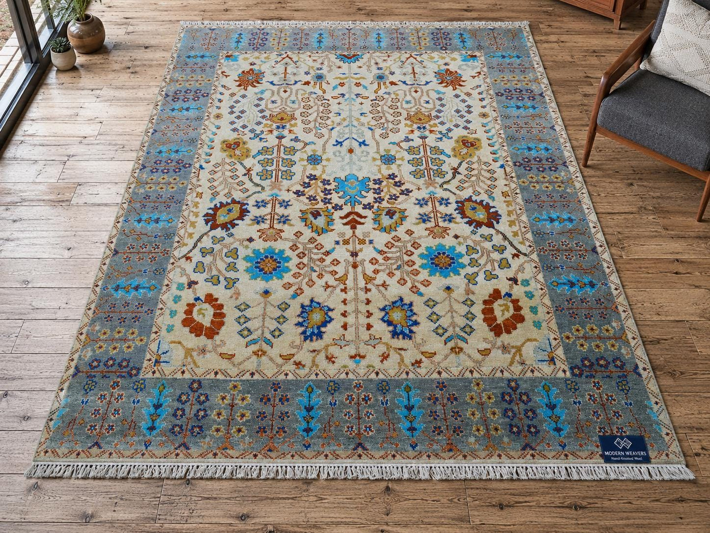 Hand Knotted Wool Area Rug | Cream & Slate Blue Oushak Style Floral Rug | Traditional Vintage Inspired Carpet for Living Room, Bedroom |