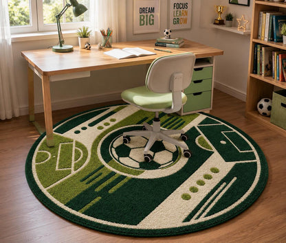 Round Soccer Ball Rug | 3D Carved Football Pitch Carpet, Kids Sports Room Decor