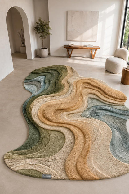 Organic Shape Hand Tufted Rug | 3D Topographic Wavy Design | Earth Tones Neutral Carved Carpet | Aesthetic Modern Abstract Area Rug