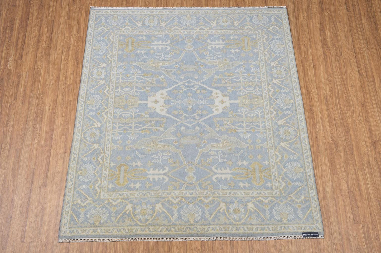 Hand Knotted Wool Area Rug | Muted Blue Beige Gold Oushak Style Traditional 8x10