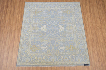 Hand Knotted Wool Area Rug | Muted Blue Beige Gold Oushak Style Traditional 8x10