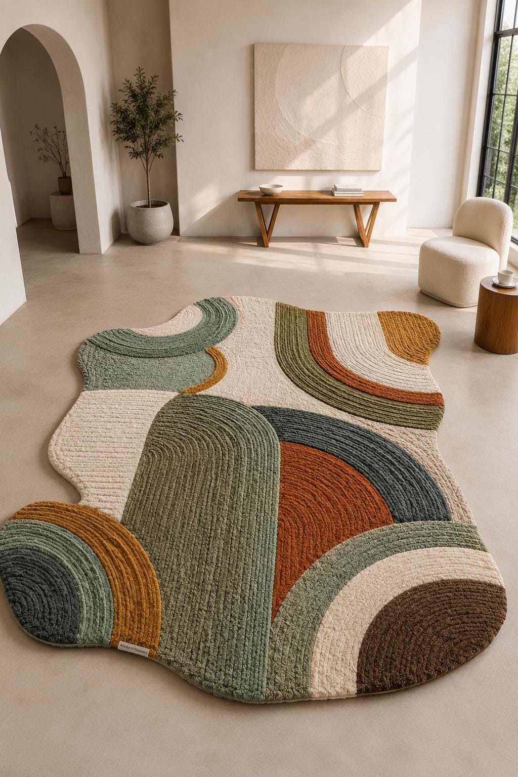 Organic Shape Hand Tufted Rug | Textured Geometric Arch Design | Earth Tone Ribbed Carpet | Mid-Century Modern Abstract Boho Area Rug