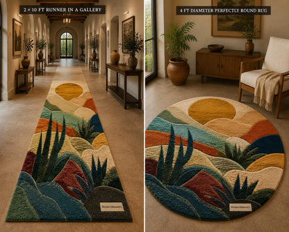 3D Abstract Desert Landscape Rug | Hand-Tufted Sunset Botanical Carpet | Southwestern Boho Decor