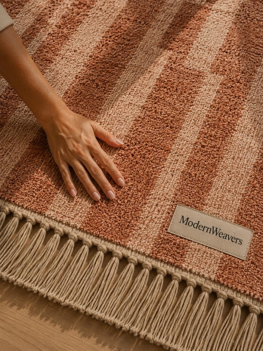 Terracotta Abstract Geometric Wool Rug | Rust Beige Boho Shag Carpet