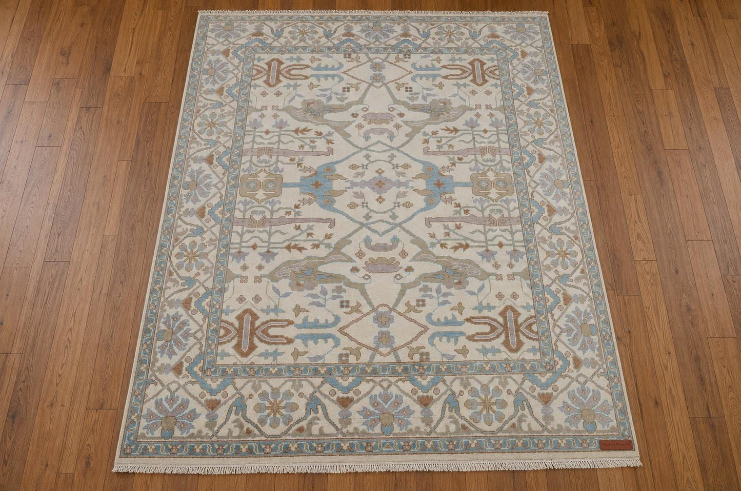 Hand-Knotted Oushak Area Rug | Cream, Light Blue, and Taupe Geometric Pattern | ModernWeavers Wool Carpet for Living Room or Bedroom
