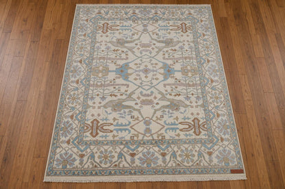 Hand-Knotted Oushak Area Rug | Cream, Light Blue, and Taupe Geometric Pattern | ModernWeavers Wool Carpet for Living Room or Bedroom