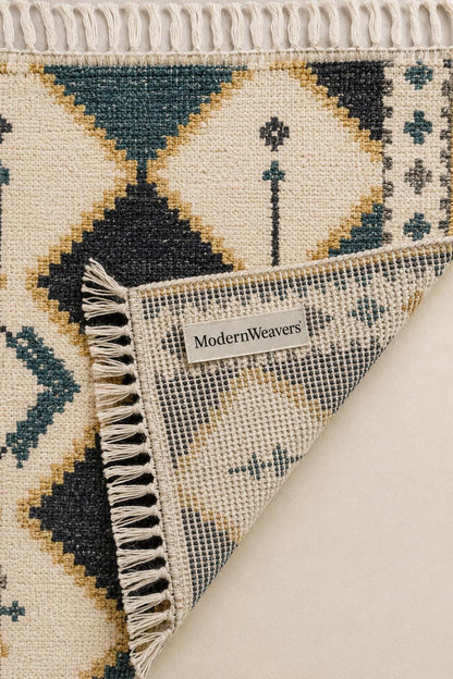 Hand Knotted Moroccan Rug | Teal Blue Mustard Diamond Tribal Carpet